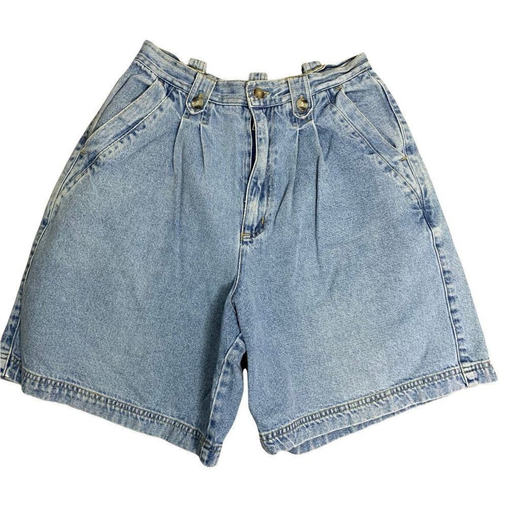 Vintage High Waisted Denim Jean Shorts S Blue Pleated Front Mom